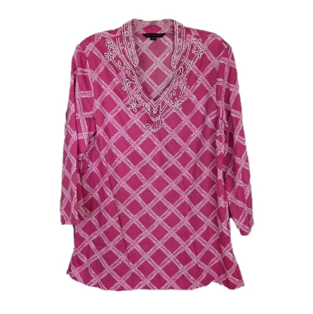 Brooks Brothers Womens Beaded 3/4 Sleeve Tunic Size L Pink/White Lattice Print